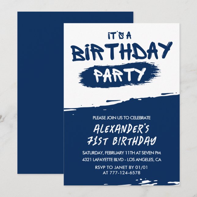 71st birthday invitations Men Graffiti Navy Blue (Front/Back)