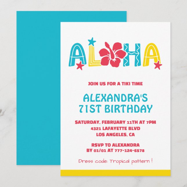 71st birthday invitations Tropical Aloha Hawaiian (Front/Back)