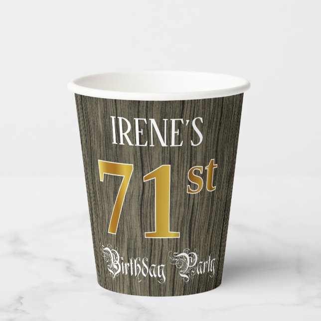 71st Birthday Party — Faux Gold & Faux Wood Looks Paper Cups (Front)