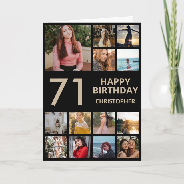 71st Birthday Photo Collage 13 Photos Black & Gold Card (Front)