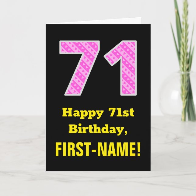 71st Birthday: Pink Stripes and Hearts "71" + Name Card (Front)