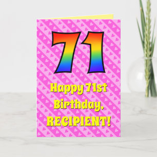 71st Birthday: Pink Stripes & Hearts, Rainbow # 71 Card