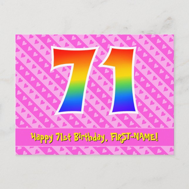 71st Birthday: Pink Stripes & Hearts, Rainbow 71 Postcard (Front)