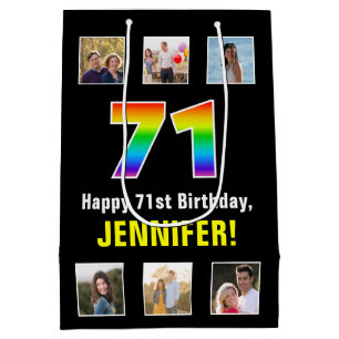 71st Birthday: Rainbow “71“, Custom Photos & Name Medium Gift Bag