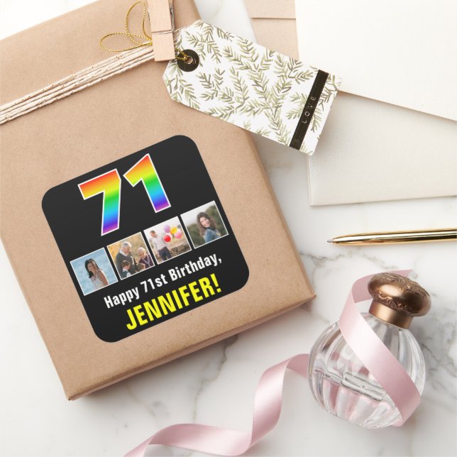 71st Birthday: Rainbow “71”; Custom Photos & Name Square Sticker (Gifting)