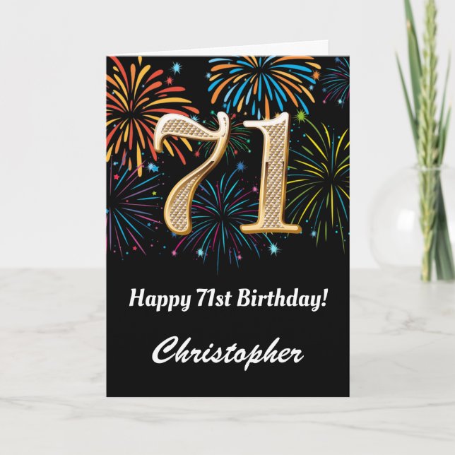 71st Birthday Rainbow Fireworks Black and Gold Card (Front)
