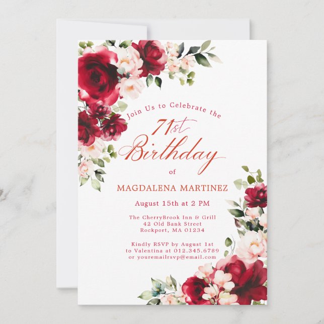 71st Birthday Red Rose Pink Peony Floral Invitation (Front)