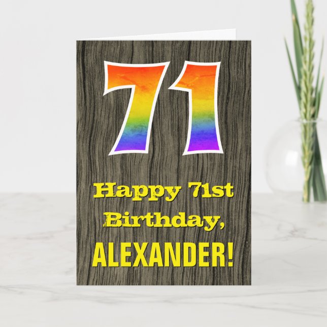 71st Birthday: Rustic Faux Wood Look, Rainbow "71" Card (Front)