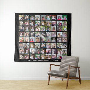 72 Square Photo Collage Grid with Text - black Tapestry
