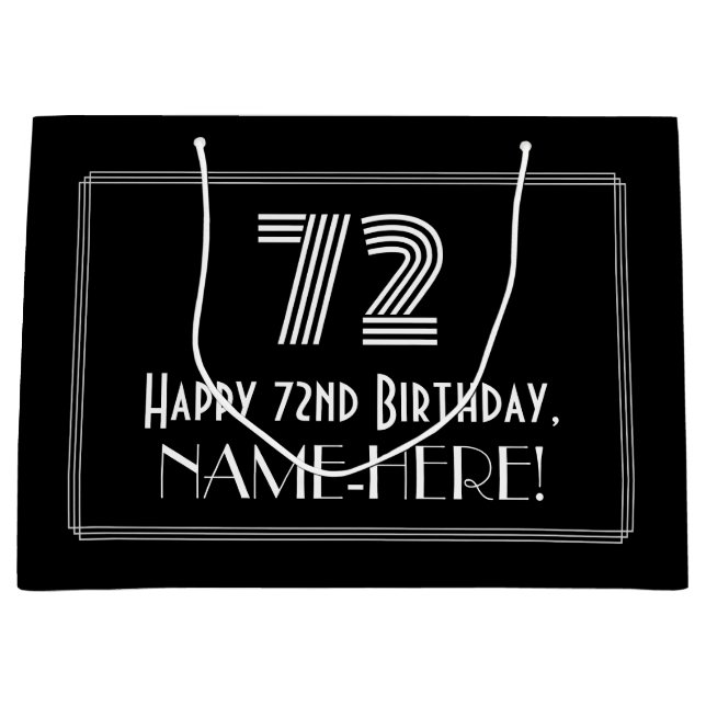 72nd Birthday — Art Deco Inspired Look "72" & Name Large Gift Bag (Front)