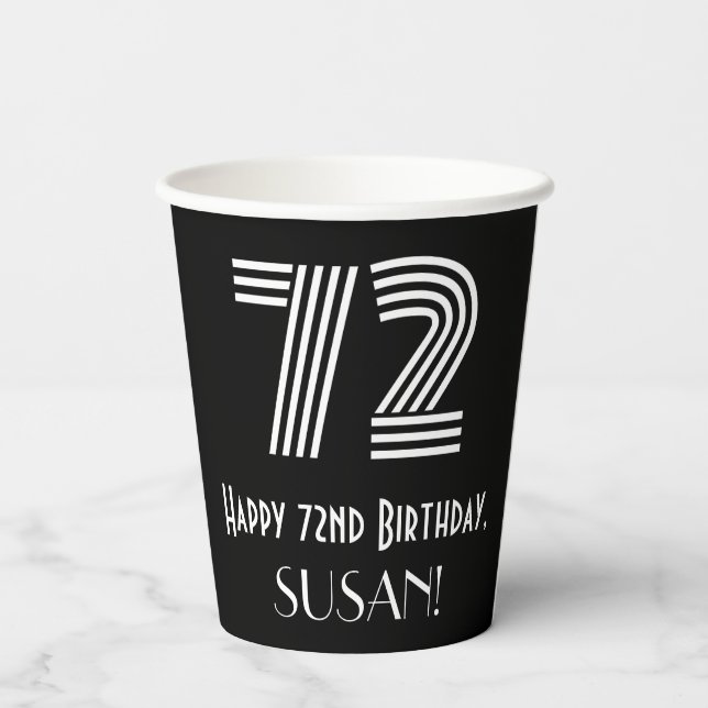 72nd Birthday — Art Deco Inspired Look “72” + Name Paper Cups (Back)