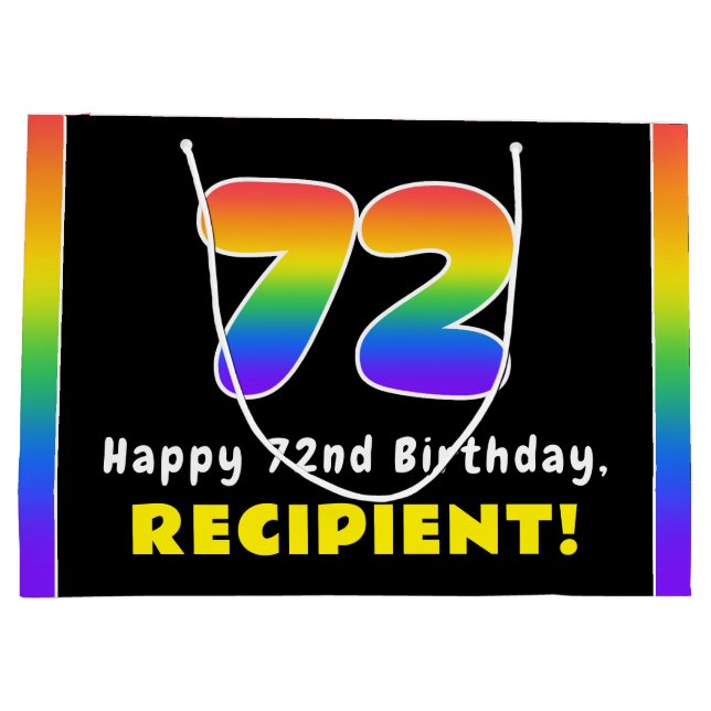 72nd Birthday: Colourful Rainbow # 72, Custom Name Large Gift Bag (Back)