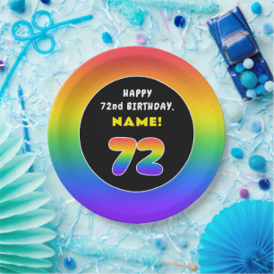 72nd Birthday: Colourful Rainbow # 72, Custom Name Paper Plate