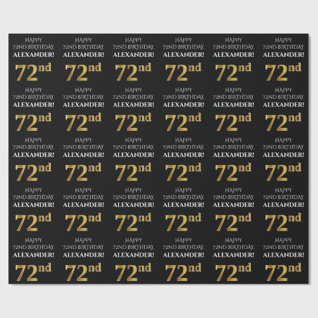72nd Birthday: Elegant, Black, Faux Gold Look Wrapping Paper (Flat)