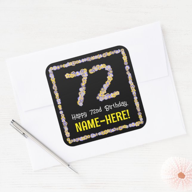 72nd Birthday: Floral Flowers Number, Custom Name Square Sticker (Envelope)