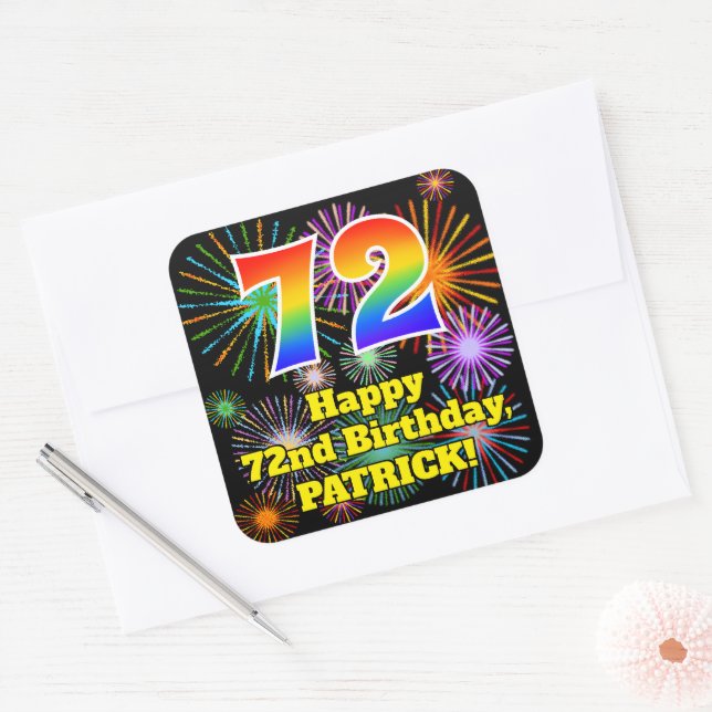72nd Birthday: Fun Fireworks Look, Rainbow # 72 Square Sticker (Envelope)