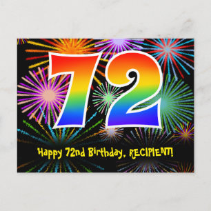 72nd Birthday – Fun Fireworks Pattern + Rainbow 72 Postcard