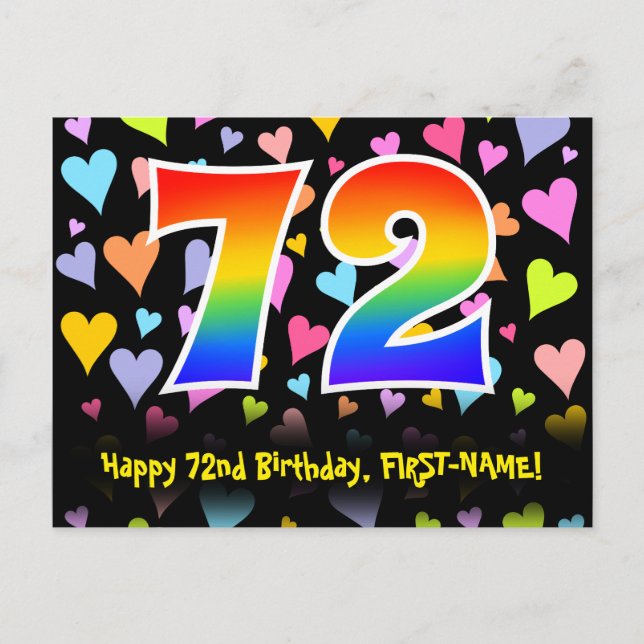 72nd Birthday: Fun Hearts Pattern, Rainbow 72 Postcard (Front)