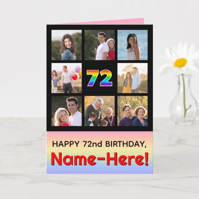 72nd Birthday: Fun Rainbow #, Custom Photos + Name Card (Small Plant)