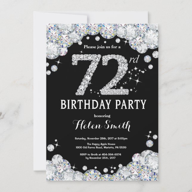 72nd Birthday Invitation Silver Diamond (Front)