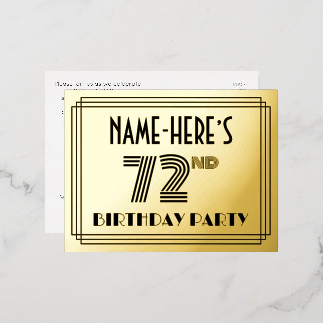 72nd Birthday Party ~ Art Deco Style “72” + Name Foil Invitation Postcard (Front/Back)