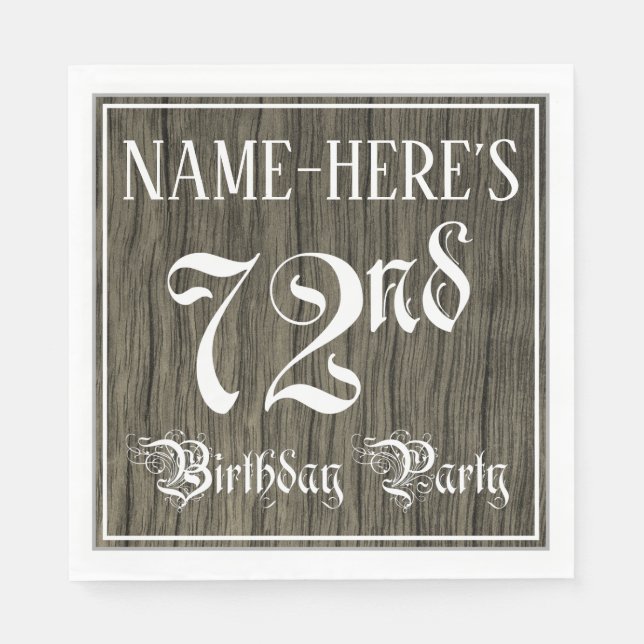 72nd Birthday Party — Fancy Script, Faux Wood Look Napkin (Front)