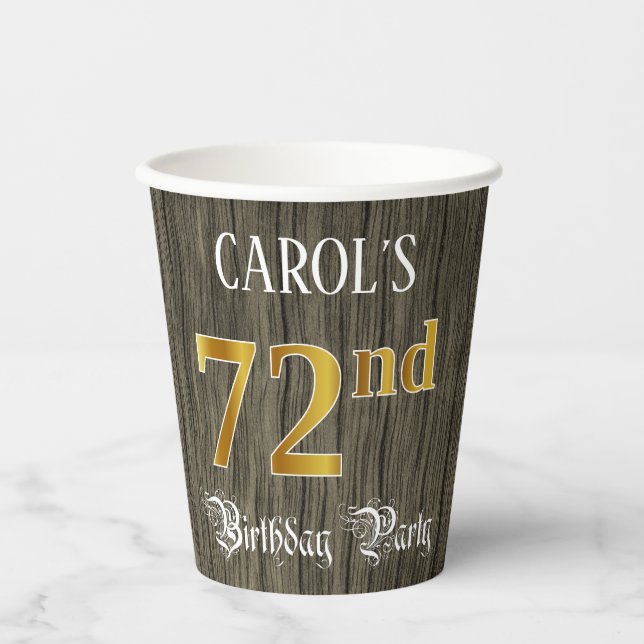 72nd Birthday Party — Faux Gold & Faux Wood Looks Paper Cups (Front)
