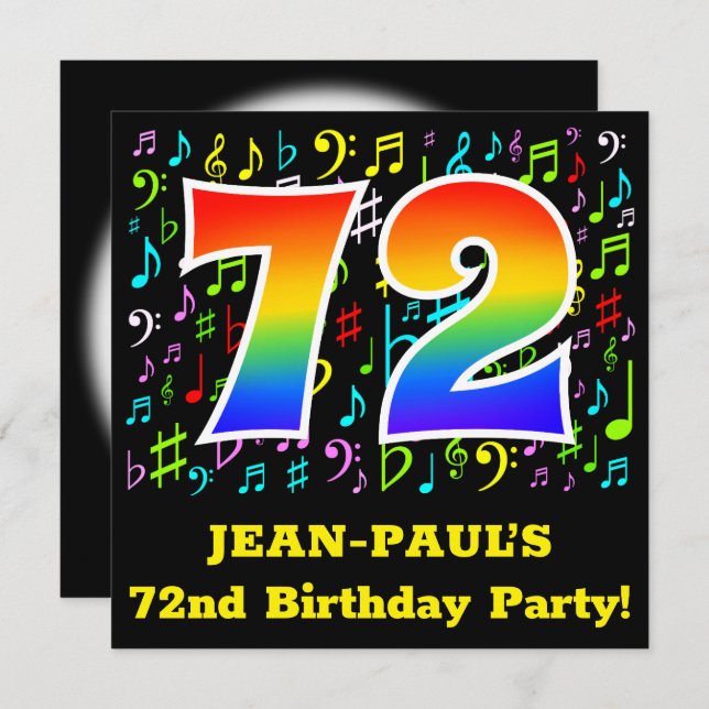 72nd Birthday Party: Fun Music Symbols, Rainbow 72 Invitation (Front/Back)