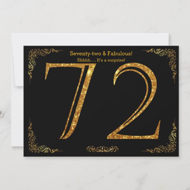 72nd Birthday party,Gatsby styl,black gold glitter Invitation (Front)