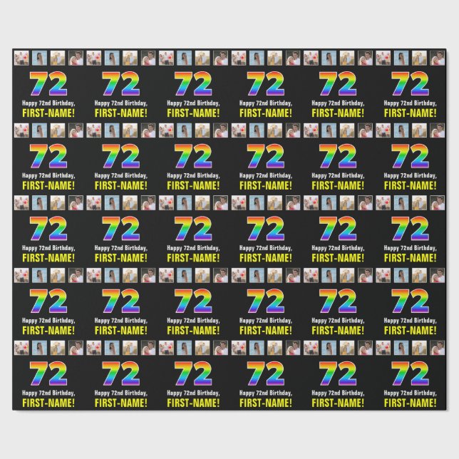 72nd Birthday: Rainbow “72“; Custom Photos & Name Wrapping Paper (Seam)