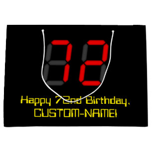 72nd Birthday: Red Digital Clock Style "72" + Name Large Gift Bag