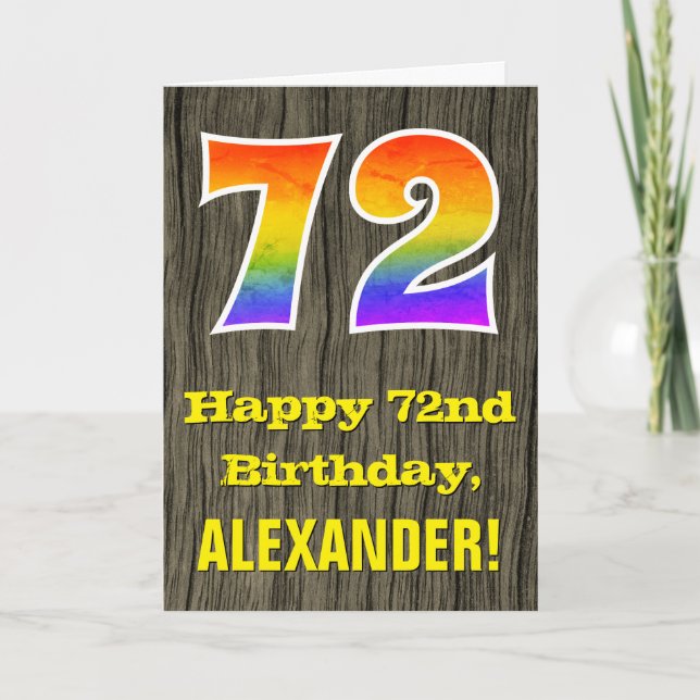 72nd Birthday: Rustic Faux Wood Look, Rainbow "72" Card (Front)