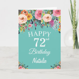 72nd Birthday Watercolor Floral Flowers Teal Card