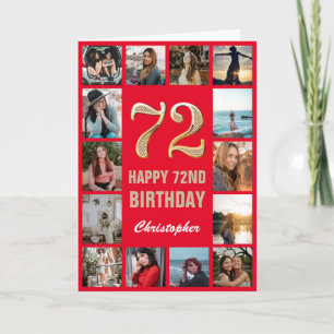 72nd Happy Birthday Red and Gold Photo Collage Card