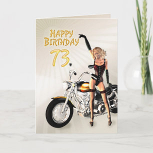 73rd Birthday card with a motorbike girl