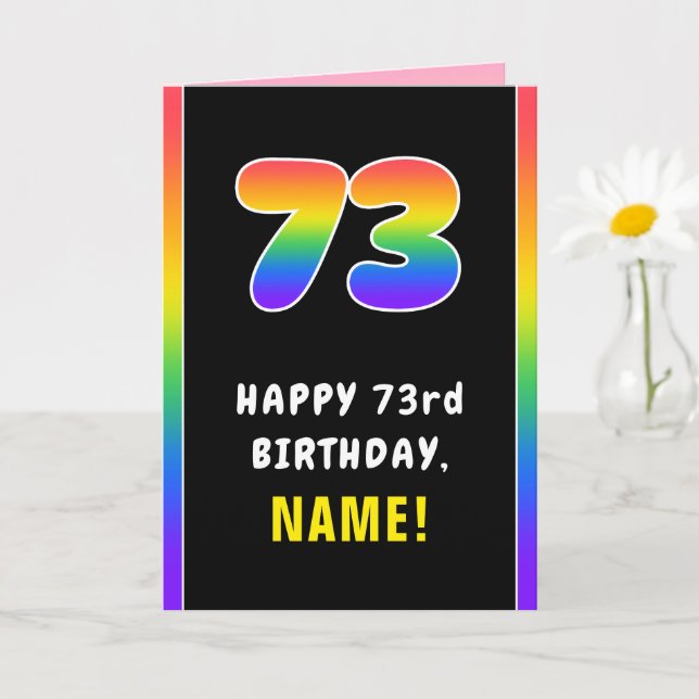 73rd Birthday: Colourful Rainbow # 73, Custom Name Card (Small Plant)