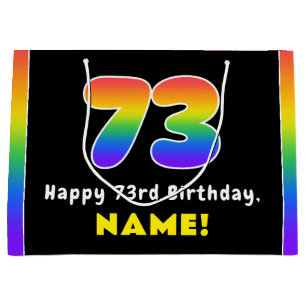 73rd Birthday: Colourful Rainbow # 73, Custom Name Large Gift Bag