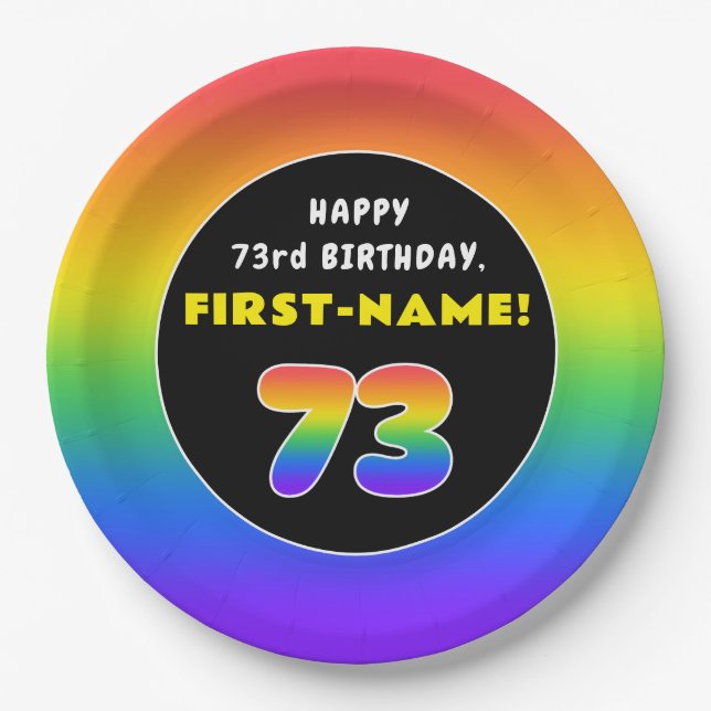 73rd Birthday: Colourful Rainbow # 73, Custom Name Paper Plate (Front)
