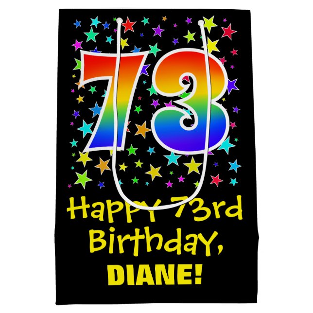 73rd Birthday: Colourful Stars Pattern & Rainbow 7 Medium Gift Bag (Back)