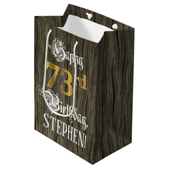 73rd Birthday: Faux Gold Look & Faux Wood Pattern Medium Gift Bag (Front Angled)