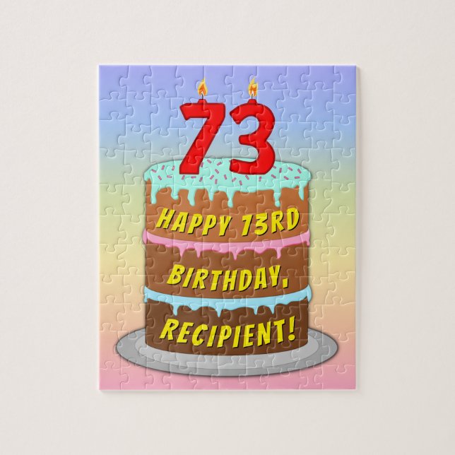 73rd Birthday: Fun Cake and Candles + Custom Name Jigsaw Puzzle (Vertical)