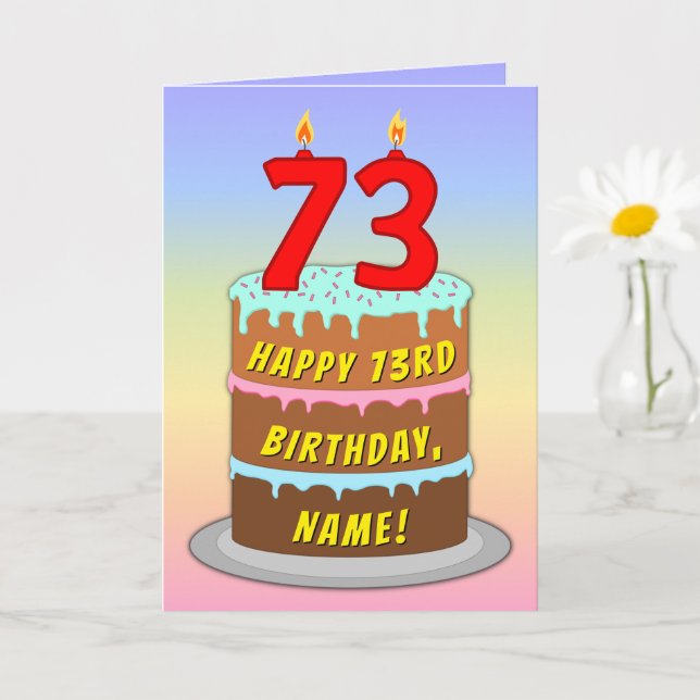73rd Birthday — Fun Cake & Candles, w/ Custom Name Card (Small Plant)