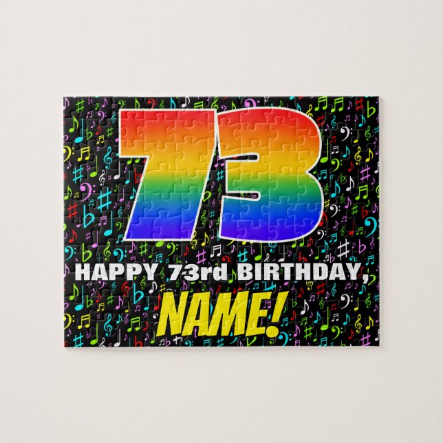 73rd Birthday — Fun, Colourful Music Symbols & “73 Jigsaw Puzzle (Horizontal)