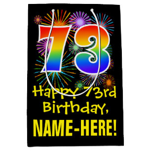 73rd Birthday: Fun Fireworks Pattern + Rainbow 73 Medium Gift Bag