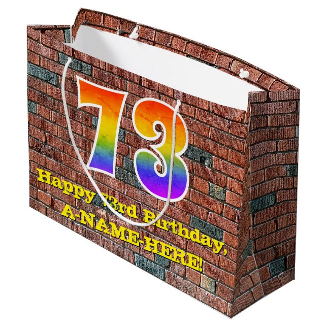 73rd Birthday: Fun, Graffiti-Inspired Rainbow # 73 Large Gift Bag (Back Angled)