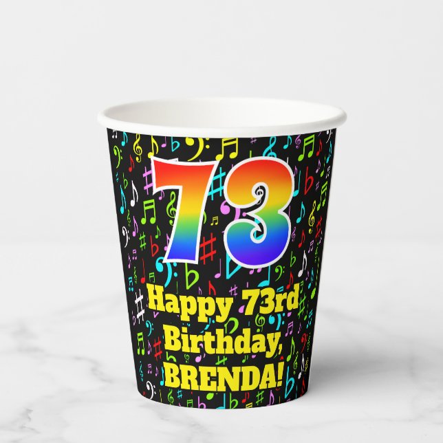 73rd Birthday: Fun Music Notes Pattern, Rainbow 73 Paper Cups (Back)