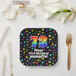 73rd Birthday: Fun Stars Pattern and Rainbow “73 Paper Plate