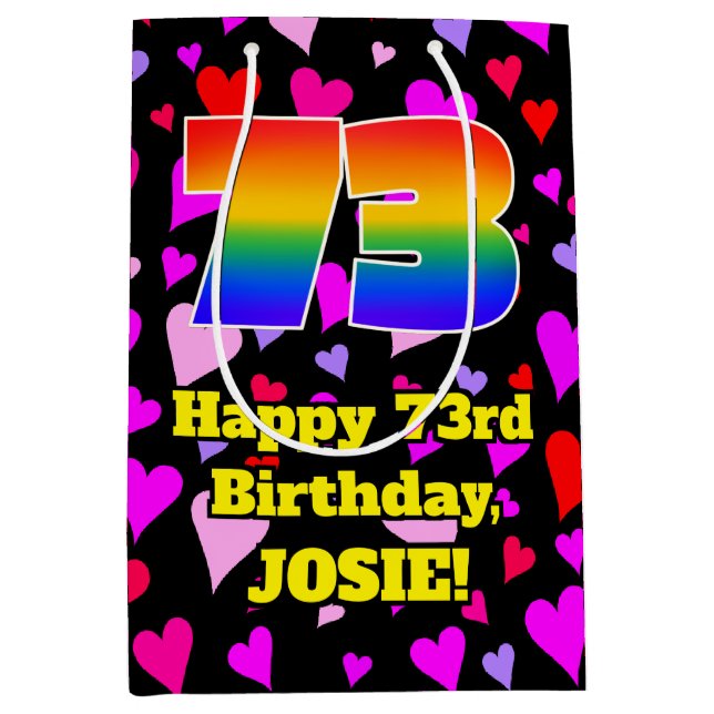 73rd Birthday: Loving Hearts Pattern, Rainbow # 73 Medium Gift Bag (Front)