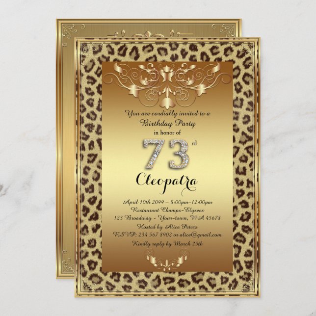 73rd, Birthday Party 73rd, Royal Cheetah gold plus Invitation (Front/Back)