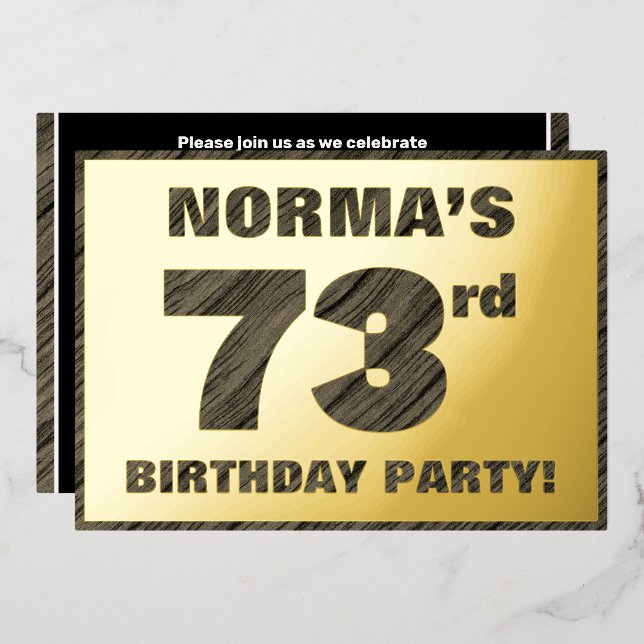 73rd Birthday Party — Bold, Faux Wood Grain Text (Front/Back)